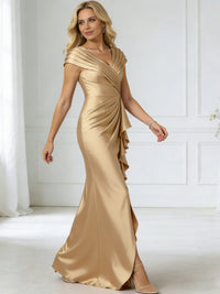 Sheath/Column V-Neck Pleated Asymmetrical Satin Floor-Length Mother of the Bride Dresses with Ruffle