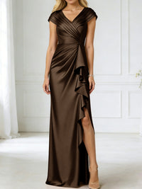 Sheath/Column V-Neck Pleated Asymmetrical Satin Floor-Length Mother of the Bride Dresses with Ruffle