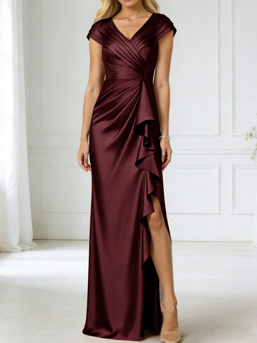 Sheath/Column V-Neck Pleated Asymmetrical Satin Floor-Length Mother of the Bride Dresses with Ruffle