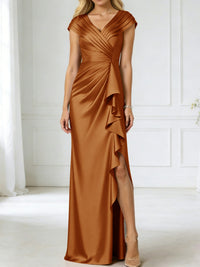 Sheath/Column V-Neck Pleated Asymmetrical Satin Floor-Length Mother of the Bride Dresses with Ruffle