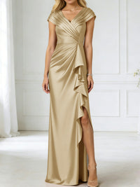 Sheath/Column V-Neck Pleated Asymmetrical Satin Floor-Length Mother of the Bride Dresses with Ruffle