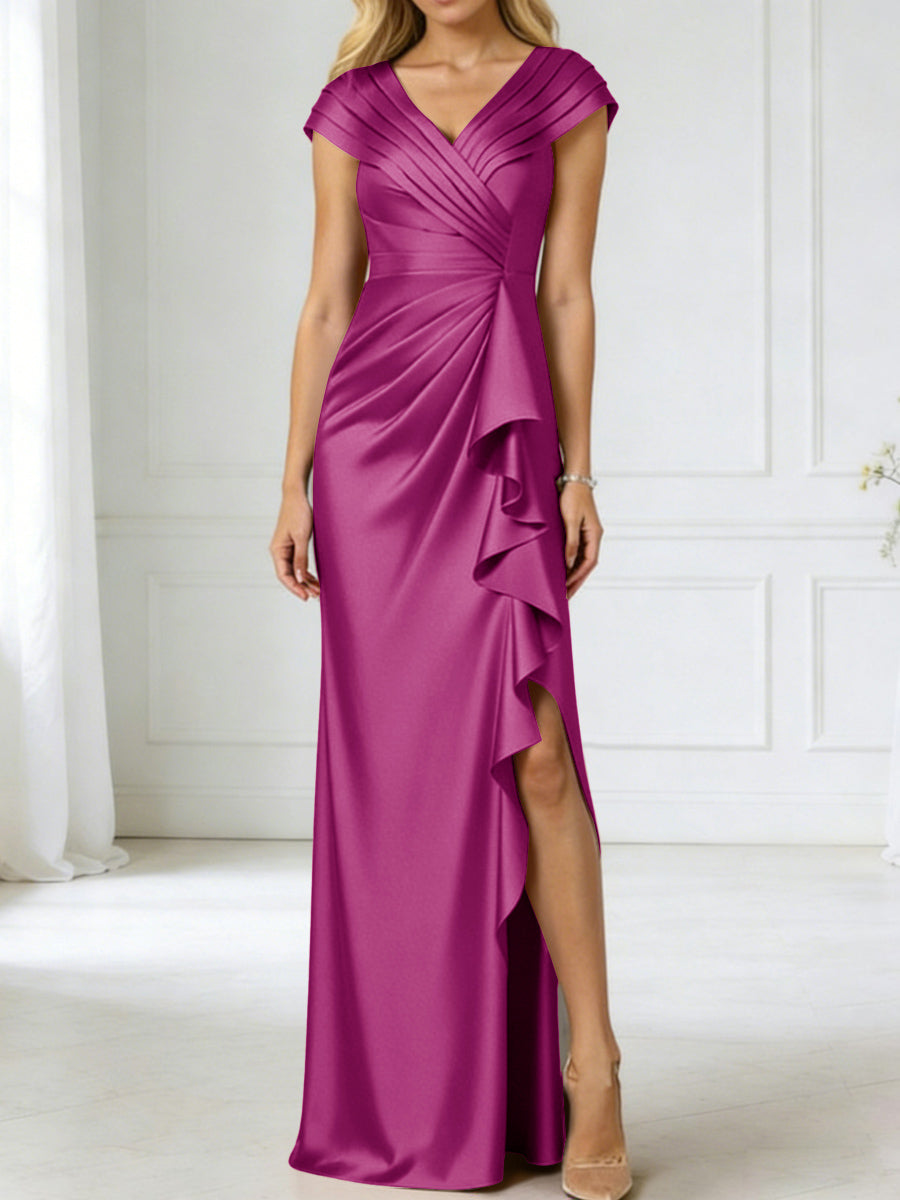 Sheath/Column V-Neck Pleated Asymmetrical Satin Floor-Length Mother of the Bride Dresses with Ruffle