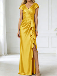 Sheath/Column V-Neck Pleated Asymmetrical Satin Floor-Length Mother of the Bride Dresses with Ruffle