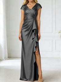 Sheath/Column V-Neck Pleated Asymmetrical Satin Floor-Length Mother of the Bride Dresses with Ruffle