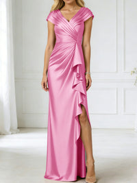 Sheath/Column V-Neck Pleated Asymmetrical Satin Floor-Length Mother of the Bride Dresses with Ruffle