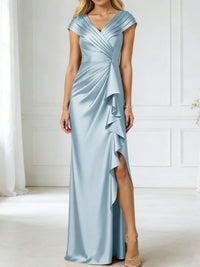 Sheath/Column V-Neck Pleated Asymmetrical Satin Floor-Length Mother of the Bride Dresses with Ruffle