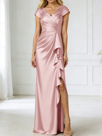 Sheath/Column V-Neck Pleated Asymmetrical Satin Floor-Length Mother of the Bride Dresses with Ruffle