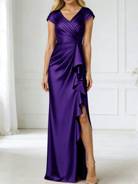 Sheath/Column V-Neck Pleated Asymmetrical Satin Floor-Length Mother of the Bride Dresses with Ruffle
