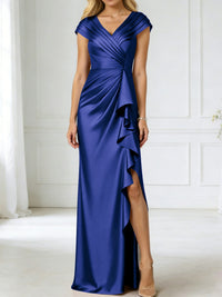 Sheath/Column V-Neck Pleated Asymmetrical Satin Floor-Length Mother of the Bride Dresses with Ruffle