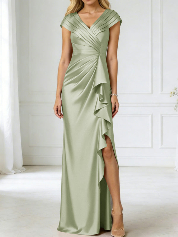 Sheath/Column V-Neck Pleated Asymmetrical Satin Floor-Length Mother of the Bride Dresses with Ruffle