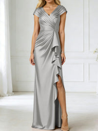 Sheath/Column V-Neck Pleated Asymmetrical Satin Floor-Length Mother of the Bride Dresses with Ruffle