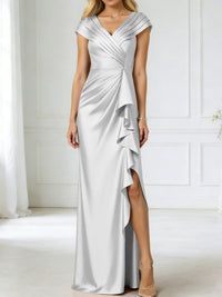 Sheath/Column V-Neck Pleated Asymmetrical Satin Floor-Length Mother of the Bride Dresses with Ruffle