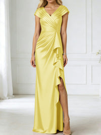 Sheath/Column V-Neck Pleated Asymmetrical Satin Floor-Length Mother of the Bride Dresses with Ruffle