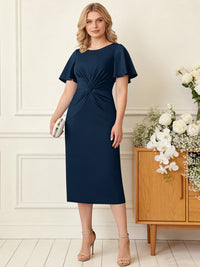 Sheath/Column Scoop Neck Pleated Satin Tea-Length Mother of the Bride Dresses with Slit