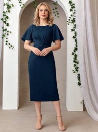 Sheath/Column Scoop Neck Pleated Satin Tea-Length Mother of the Bride Dresses with Slit