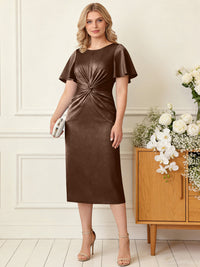 Sheath/Column Scoop Neck Pleated Satin Tea-Length Mother of the Bride Dresses with Slit