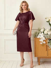 Sheath/Column Scoop Neck Pleated Satin Tea-Length Mother of the Bride Dresses with Slit