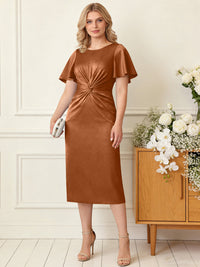 Sheath/Column Scoop Neck Pleated Satin Tea-Length Mother of the Bride Dresses with Slit