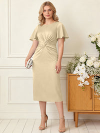 Sheath/Column Scoop Neck Pleated Satin Tea-Length Mother of the Bride Dresses with Slit