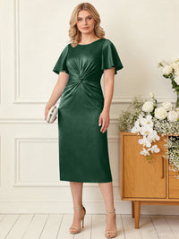 Sheath/Column Scoop Neck Pleated Satin Tea-Length Mother of the Bride Dresses with Slit