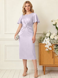 Sheath/Column Scoop Neck Pleated Satin Tea-Length Mother of the Bride Dresses with Slit