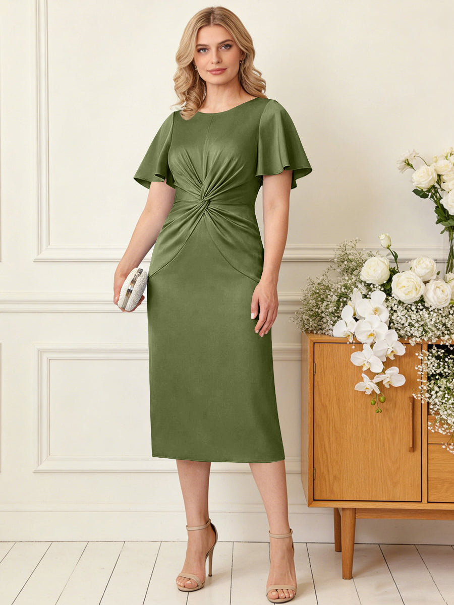 Sheath/Column Scoop Neck Pleated Satin Tea-Length Mother of the Bride Dresses with Slit