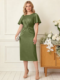 Sheath/Column Scoop Neck Pleated Satin Tea-Length Mother of the Bride Dresses with Slit