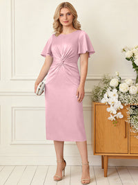 Sheath/Column Scoop Neck Pleated Satin Tea-Length Mother of the Bride Dresses with Slit