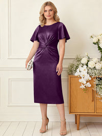 Sheath/Column Scoop Neck Pleated Satin Tea-Length Mother of the Bride Dresses with Slit