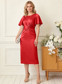 Sheath/Column Scoop Neck Pleated Satin Tea-Length Mother of the Bride Dresses with Slit