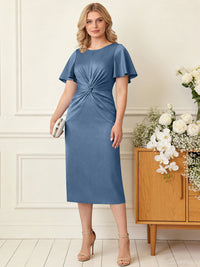 Sheath/Column Scoop Neck Pleated Satin Tea-Length Mother of the Bride Dresses with Slit