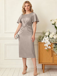 Sheath/Column Scoop Neck Pleated Satin Tea-Length Mother of the Bride Dresses with Slit