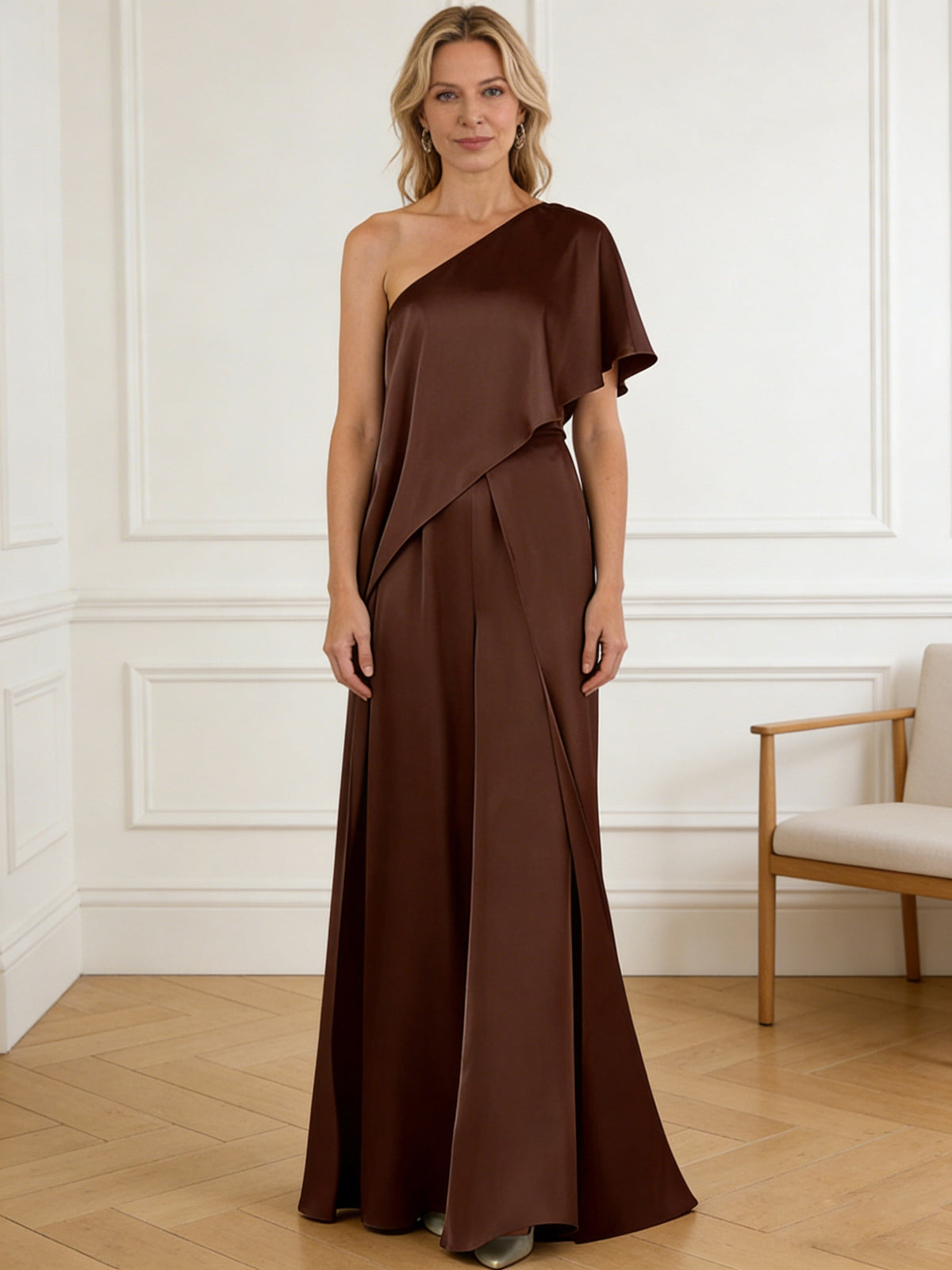 Pantsuit Asymmetrical One Shoulder Satin Floor-Length Mother of the Bride Dresses with Ruffle