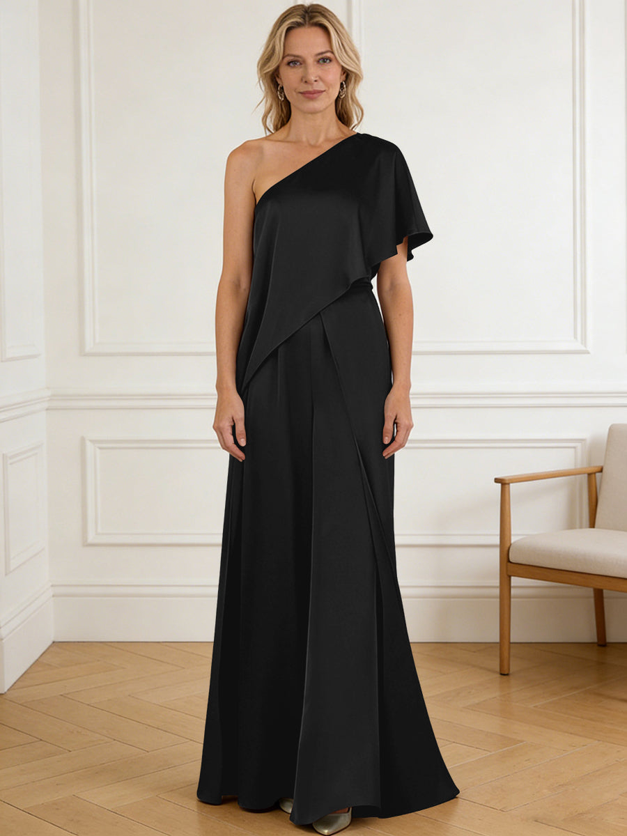 Pantsuit Asymmetrical One Shoulder Satin Floor-Length Mother of the Bride Dresses with Ruffle