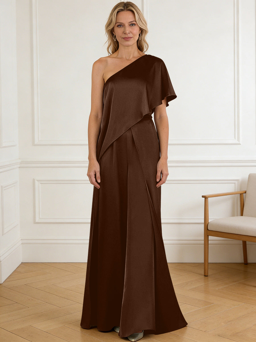 Pantsuit Asymmetrical One Shoulder Satin Floor-Length Mother of the Bride Dresses with Ruffle