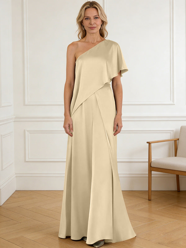 Pantsuit Asymmetrical One Shoulder Satin Floor-Length Mother of the Bride Dresses with Ruffle