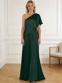 Pantsuit Asymmetrical One Shoulder Satin Floor-Length Mother of the Bride Dresses with Ruffle