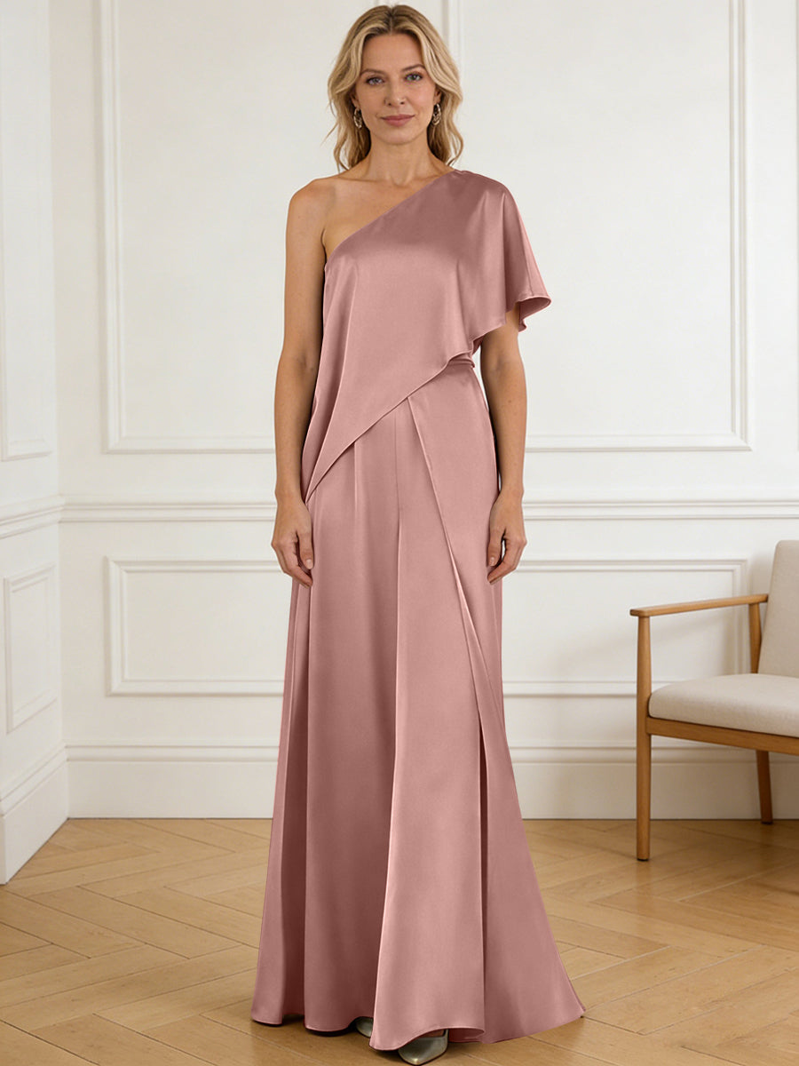 Pantsuit Asymmetrical One Shoulder Satin Floor-Length Mother of the Bride Dresses with Ruffle