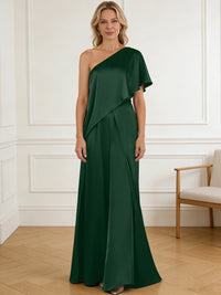 Pantsuit Asymmetrical One Shoulder Satin Floor-Length Mother of the Bride Dresses with Ruffle