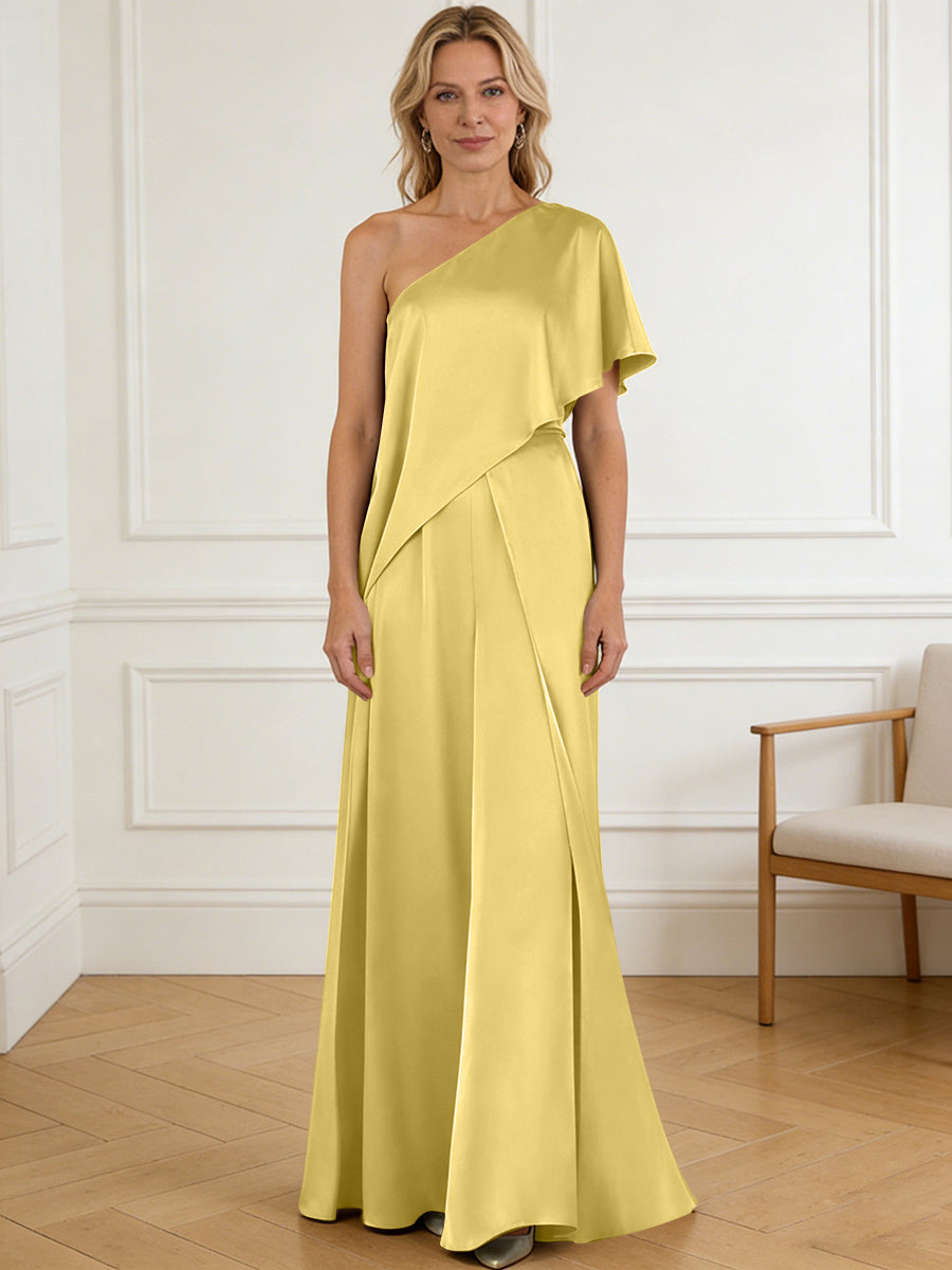 Pantsuit Asymmetrical One Shoulder Satin Floor-Length Mother of the Bride Dresses with Ruffle