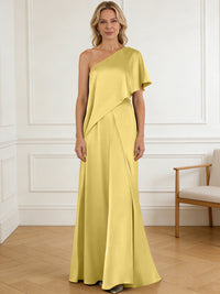 Pantsuit Asymmetrical One Shoulder Satin Floor-Length Mother of the Bride Dresses with Ruffle