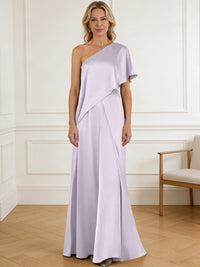 Pantsuit Asymmetrical One Shoulder Satin Floor-Length Mother of the Bride Dresses with Ruffle