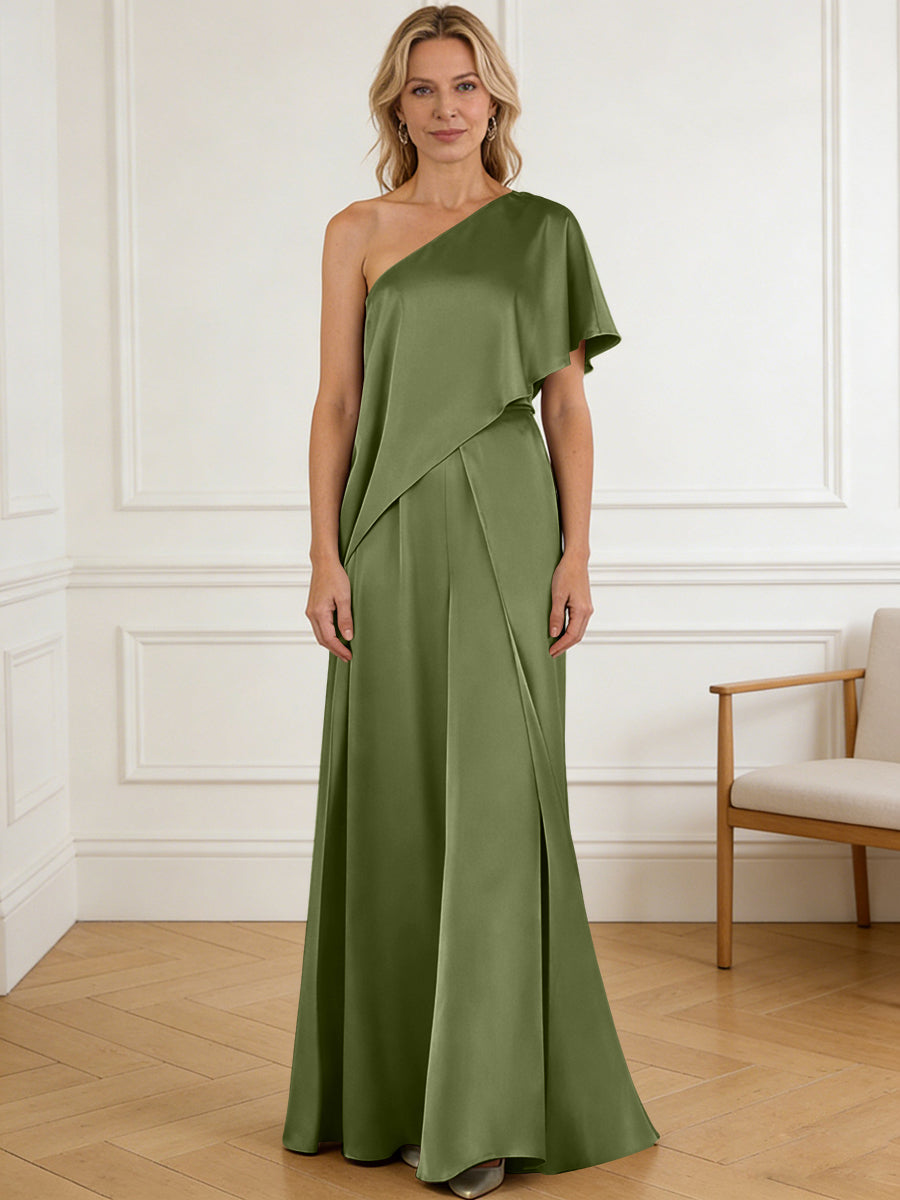 Pantsuit Asymmetrical One Shoulder Satin Floor-Length Mother of the Bride Dresses with Ruffle