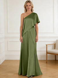 Pantsuit Asymmetrical One Shoulder Satin Floor-Length Mother of the Bride Dresses with Ruffle