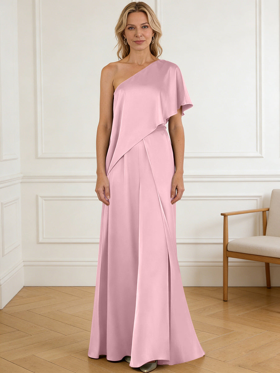 Pantsuit Asymmetrical One Shoulder Satin Floor-Length Mother of the Bride Dresses with Ruffle