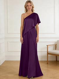 Pantsuit Asymmetrical One Shoulder Satin Floor-Length Mother of the Bride Dresses with Ruffle