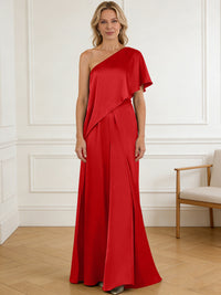 Pantsuit Asymmetrical One Shoulder Satin Floor-Length Mother of the Bride Dresses with Ruffle
