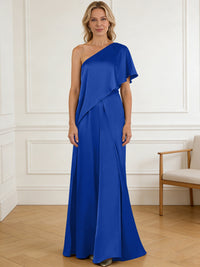 Pantsuit Asymmetrical One Shoulder Satin Floor-Length Mother of the Bride Dresses with Ruffle