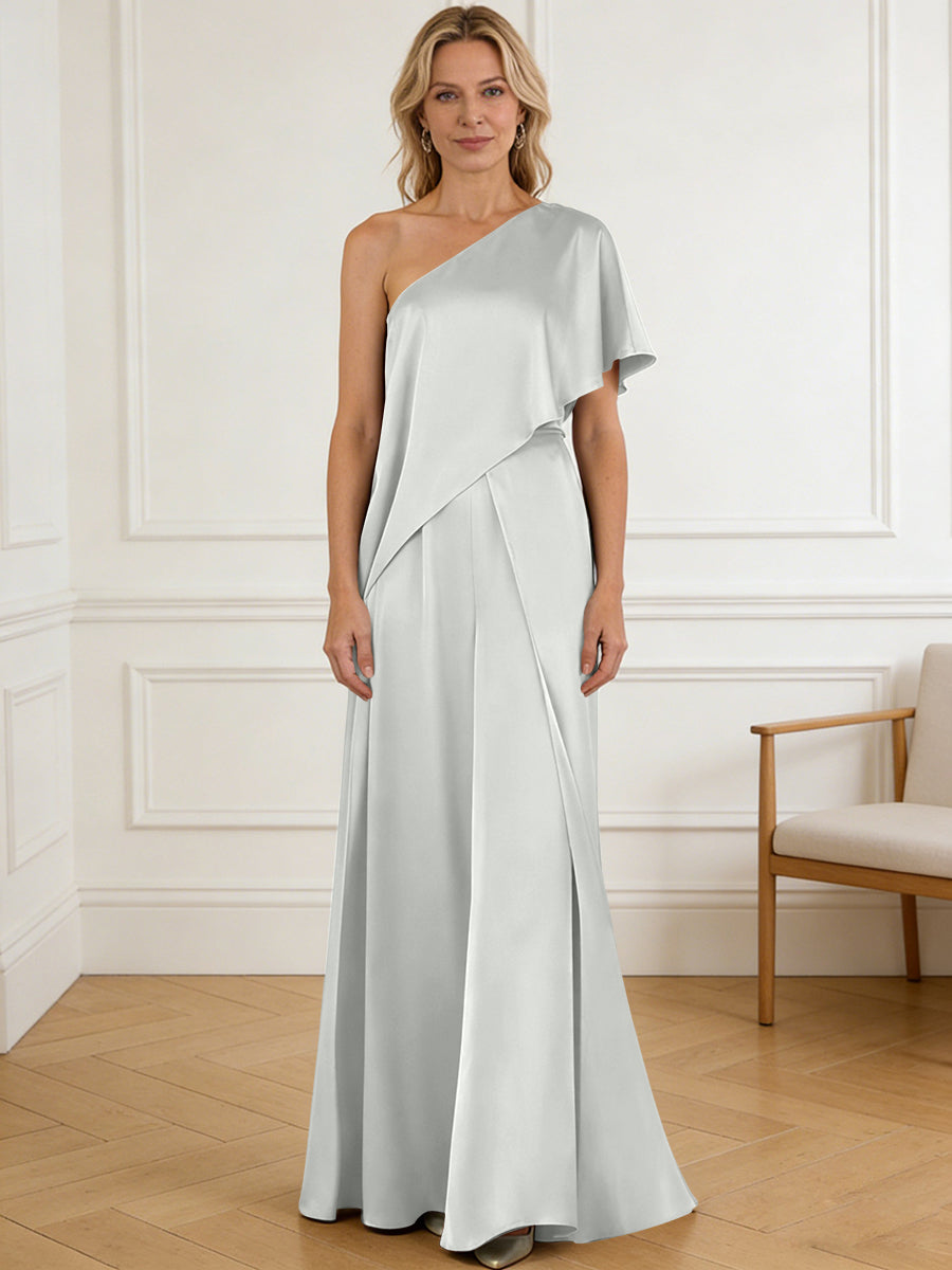 Pantsuit Asymmetrical One Shoulder Satin Floor-Length Mother of the Bride Dresses with Ruffle