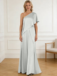 Pantsuit Asymmetrical One Shoulder Satin Floor-Length Mother of the Bride Dresses with Ruffle